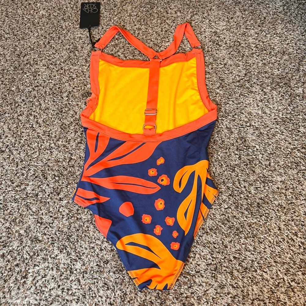 CHASER Women's Swimsuit One Piece Navy Orange Floral Print NWOT‎ Summer Fashion